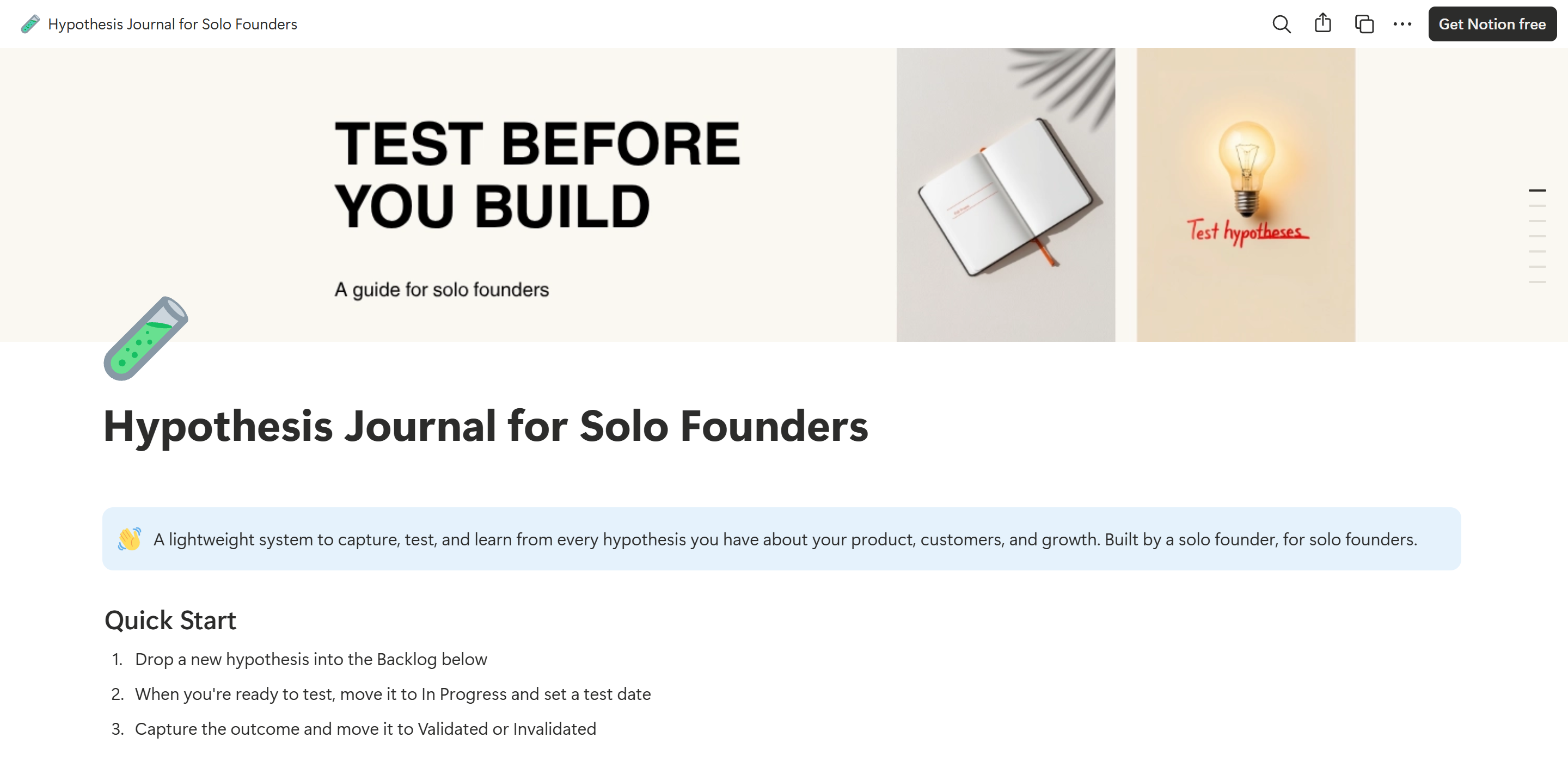 Cover of the Hypothesis Journal Notion template, showing the Test Before You Build header, welcome callout, and Quick Start steps.