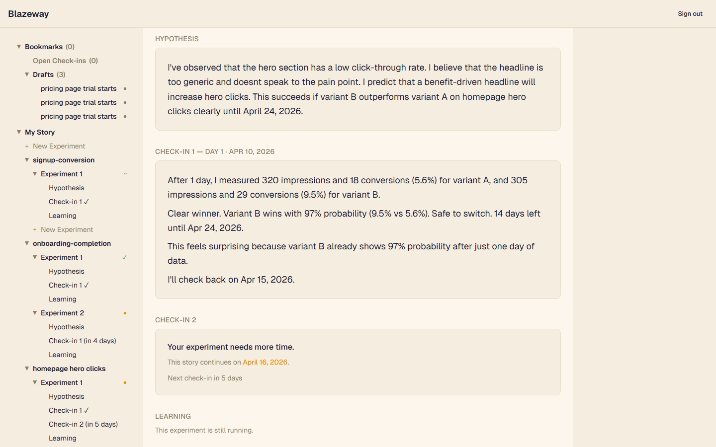 Blazeway check-in view: Bayesian probability, sentiment tracking, data chapters