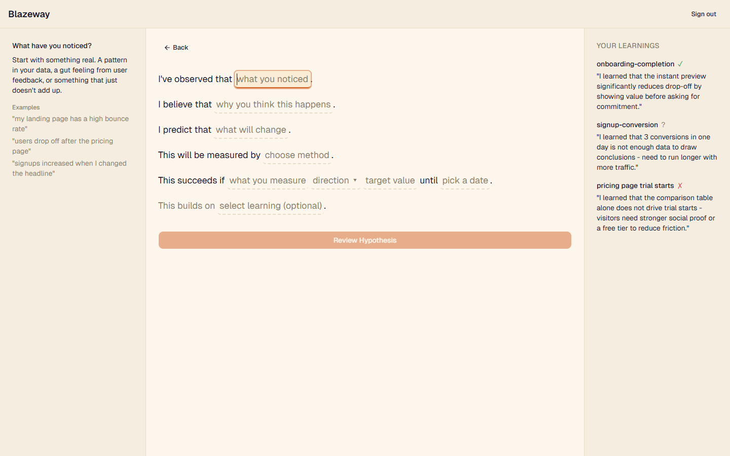 Blazeway hypothesis form: structured prose sentence with observation, belief, prediction