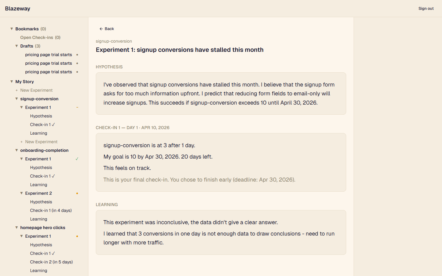 Blazeway learning capture: structured insight documentation after experiment completes