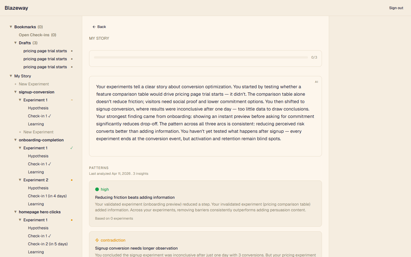 Blazeway My Story: AI-generated patterns and cross-experiment connections